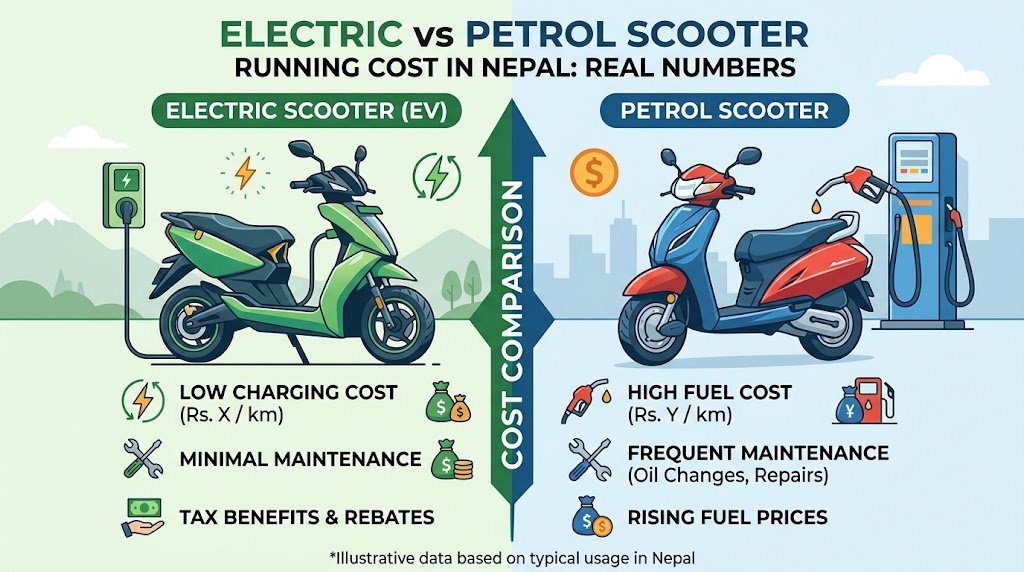 Electric Scooter vs Petrol Scooter Running Cost in Nepal: Real Numbers 3 electric vs ev price